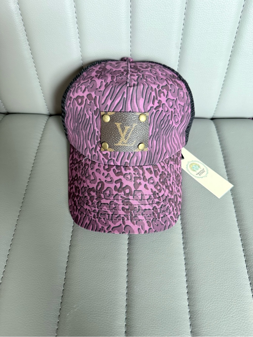 Leopard Print Upcycled Baseball Cap with Louis Vuitton Patch Cowgirl Western